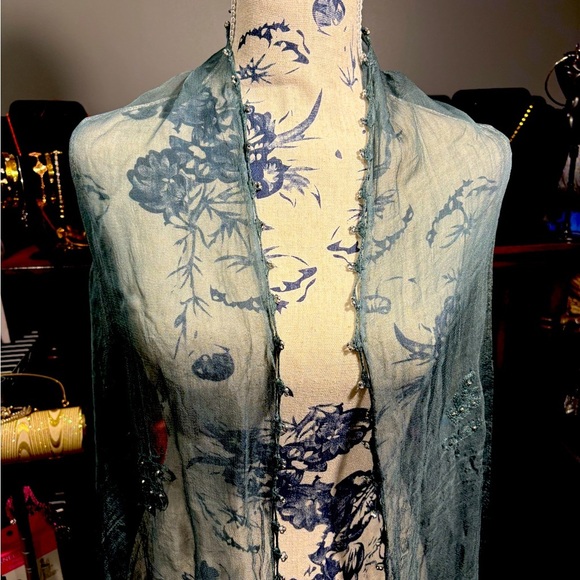 Beaded & Stoned Blue Scarf Wrap Bead Detailing Rhinestone - Picture 5 of 7